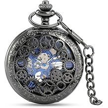 Avaner Steampunk Retro Half Hunter Copper Gear Skeleton Hand Wind Mechanical Roman/Arabic Numeral Analog Display Pocket Watch with 14" Chain