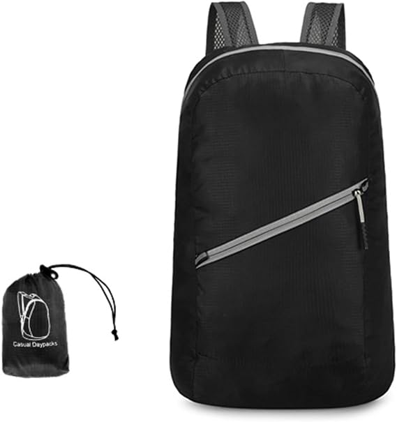 Ultra-light Foldable Backpack 80g Packable into Palm Size, Hiking & Outdoor Sports, Water-Resistant Nylon (Black)