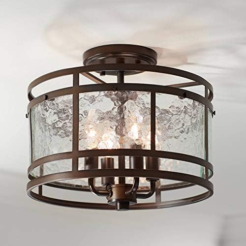 Franklin Iron Works Elwood Finish Rustic Industrial Ceiling Light Semi-Flush Mount Fixture Oil Rubbed Bronze 13 14 Wide Water Glass Drum for Cottage Core House Bedroom Hallway Living Room Bathroom