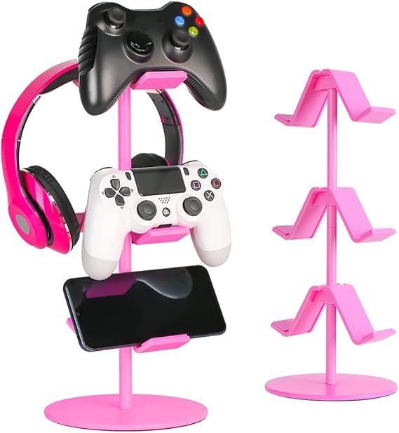 Controller Holder Pink,Headphone Stand,3 Tier Multi Adjustable Game Controller Headset Hanger for All Universal Gaming PC Accessories, Xbox PS4 PS5 Nintendo Switch(Cute Pink)