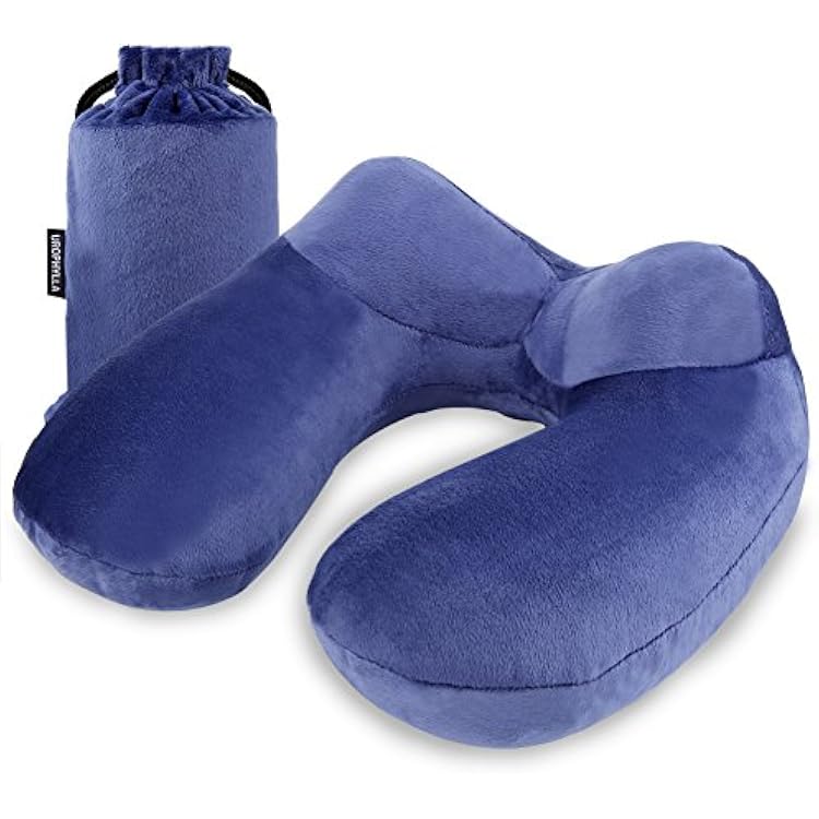 urophylla Inflatable Travel Pillow for Airplane, Soft Velvet Inflatable Travel Neck Pillow for Airplanes, Train, Car, Home and Office with Packsack & Comfortable Velvet - Blue