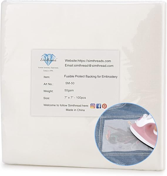 Simthread Fusible Iron-on Embroidery Backing Interfacing - 7" x 7", 100 Precut Sheets