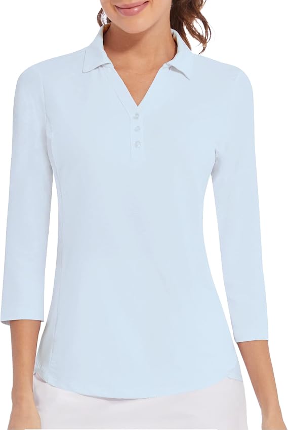 Casei Women's Golf Polo Shirts 3/4 Long Sleeve UPF 50+ Quick Dry V-Neck
