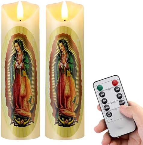 Baquler 2 Pcs Religious Flameless LED Prayer Candle Real Wax Baptism Set Devotion Candles Religious Decoration Gift for Home and Office, Battery Operated with Remote Control(Lady of Guadalupe)