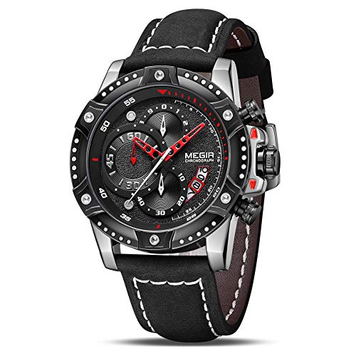 MEGIR Mens Analog Quartz Chronograph Watch - Big Face Sports Watch With Black Leather Strap