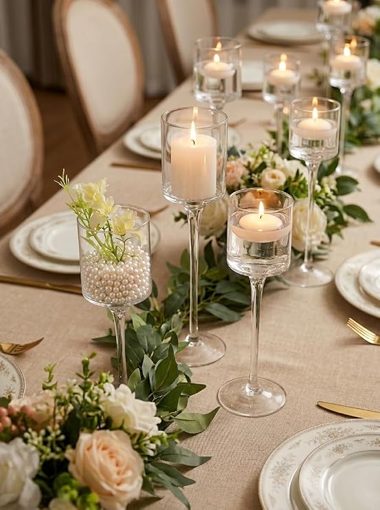 Tall Glass Candle Holder: Long Stem Candle Stand 3 Pcs | 7.8"/9.1"/10.2", for Tealight, Floating & Pillar, Clear Wedding Centerpieces for Dining Tables, Party, Christmas, Event