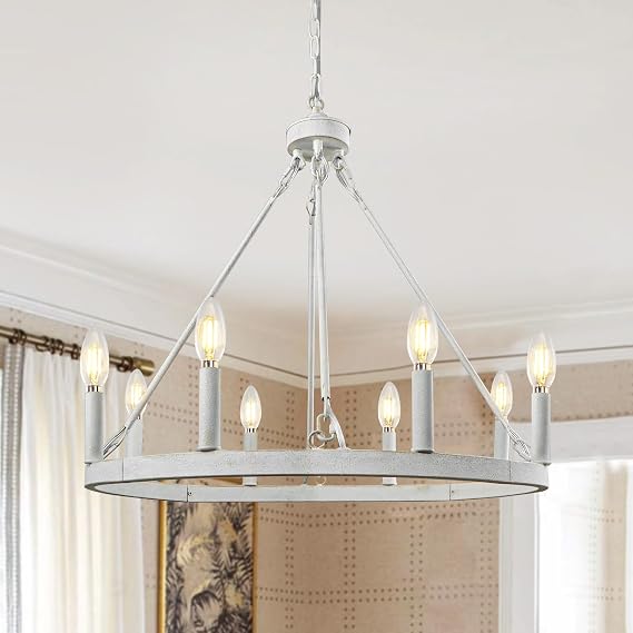 White Wagon Wheel Chandelier, 8-Light Farmhouse Chandeliers for Dining Room, Modern Rustic Round Wagon Wheel Light Fixture for Kitchen Entryway Foyer Hallway