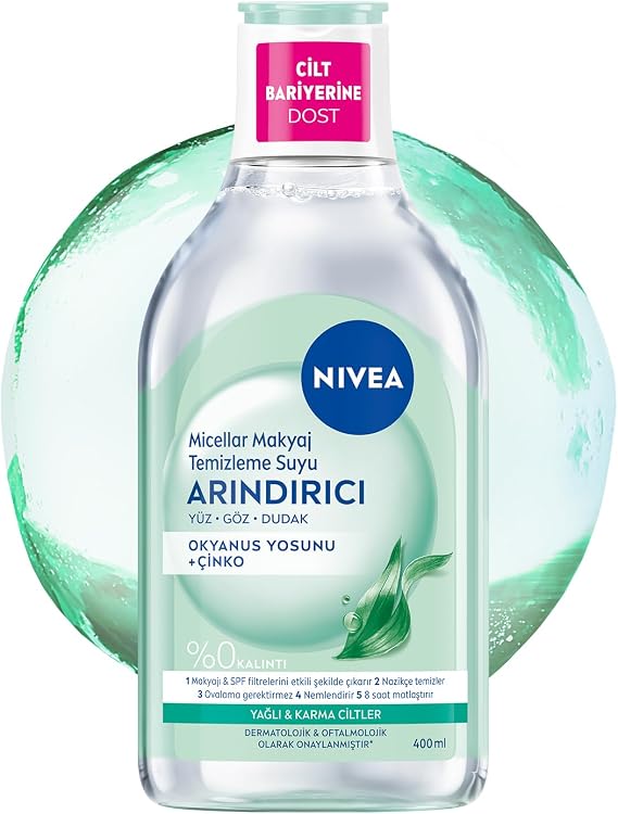NIVEA Micellar Makeup Removal Water Purifier and Mattifying 400ml, Face, Eye and Lip Cleanser, Amino Acid Complex and Ocean Moss Extract