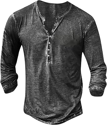 V Neck T Shirts Men Long Sleeve Vintage Distressed Henley Shirts American Flag Patriotic Casual Button Down Shirts
