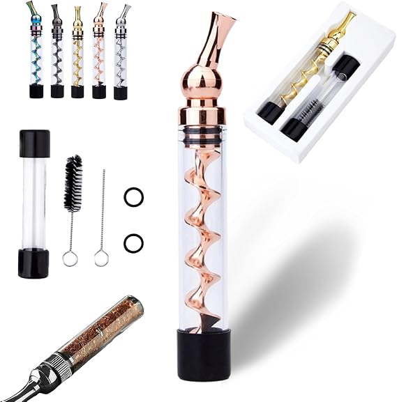 Portable Easy-to-Clean Twisted Glass Blunt Pipe, Glass Twisty Blunt with Swivel Head Built-in Grinder, Twisty Glass Blunt Pipe with Adjustable Chamber, Twisty Glass Blunt Glass Pipe (Rose gold)