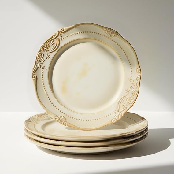 Ceramic Flat Plates Set of 4, 10.5 inch Reactive Glaze Stoneware Dish Set for Dessert, Salad, Appetizer, Dinner, Dishwasher & Oven Safe, Scratch Resistant-Faint Yellow