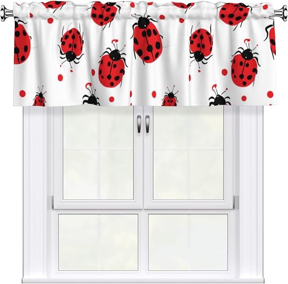 Short Rod Pocket Curtain Valance,Animal Theme Funny Ladybugs Cartoon Print Window Treatment Decor Curtains for Kitchen Living Room, Bedroom, 1 Panel, 54" W x 18" L