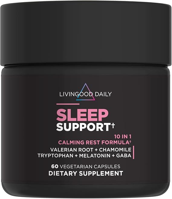 Livingood Daily Sleep Support Supplement, 5 mg Melatonin, 60 Capsules | 10-in-1 Natural Sleep Aid, Chamomile, GABA, Valerian Root, Tryptophan, Relaxation Support for Men & Women, Vegan, Made in USA