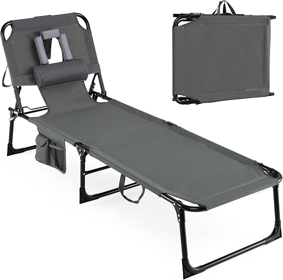 COSTWAY Folding Sun Lounger, 4-Position Adjustable Garden Chaise Lounge Chair Sunbed with Face Arm Holes, Pillows and Side Pocket, Outdoor Sunbathing Tanning Recliner for Patio Beach Camping (Grey)