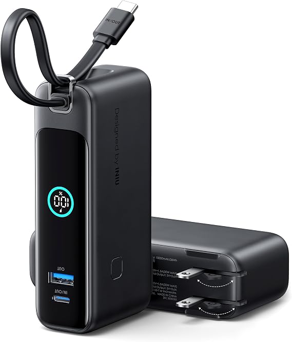 INIU 3-in-1 Portable Charger, 10000mAh 30W Fast Charging Power Bank, Built-in USB C Cable and Foldable AC Plug, Travel Essentials Battery Pack for iPhone 17 16 15, Samsung S25 S24, MacBook, and More