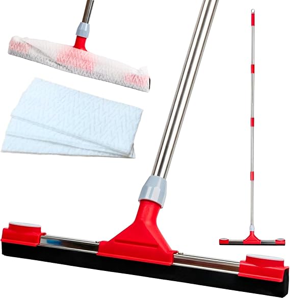 Floor Squeegee Scrubber with Extendable 62" Long Handle
