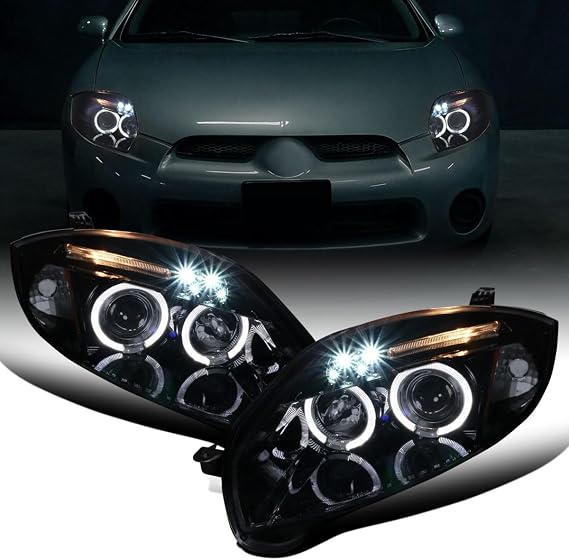 Ronnin - Fits 2006-2012 Mitsubishi Eclipse Upgraded Replacement LED Dual Rims Projector Headlights Assembly Pair | Black Smoke