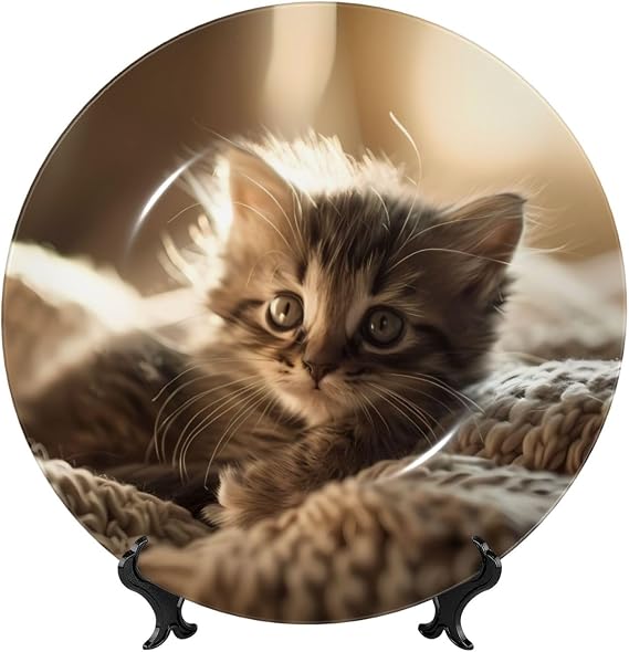 PHAYAH Cat Pattern Bone China Decorative Plate 8in with Display Stand Dinner Plates for Home Study and Entryway Office Decor