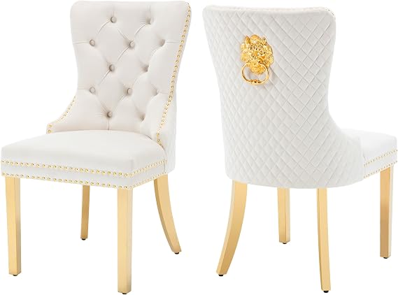 Velvet Dining Chairs Set of 2 with Gold Legs and Lion Head, Beige
