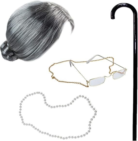 Tigerdoe Old Lady Costume With Cane - Granny Wig - Grandma Dress Up - Granny Glasses - 4 Pc Set Old Lady Accessories