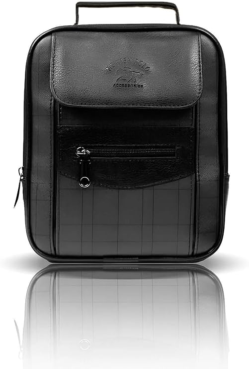 Av A Dos Men's Black Phone Split Leather Plaid Hand Shoulder Cross Strap Bag Medium Size