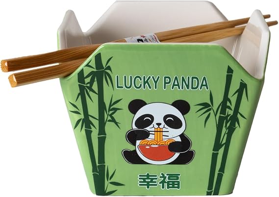 Urban Tokyo Chinese Takeout Box Style Porcelain Bowl With Chopsticks 18 fl oz Square Shape Rice Noodles Pasta To Go Box Shaped Bowl Microwave Dishwasher Safe (Hungry Panda)