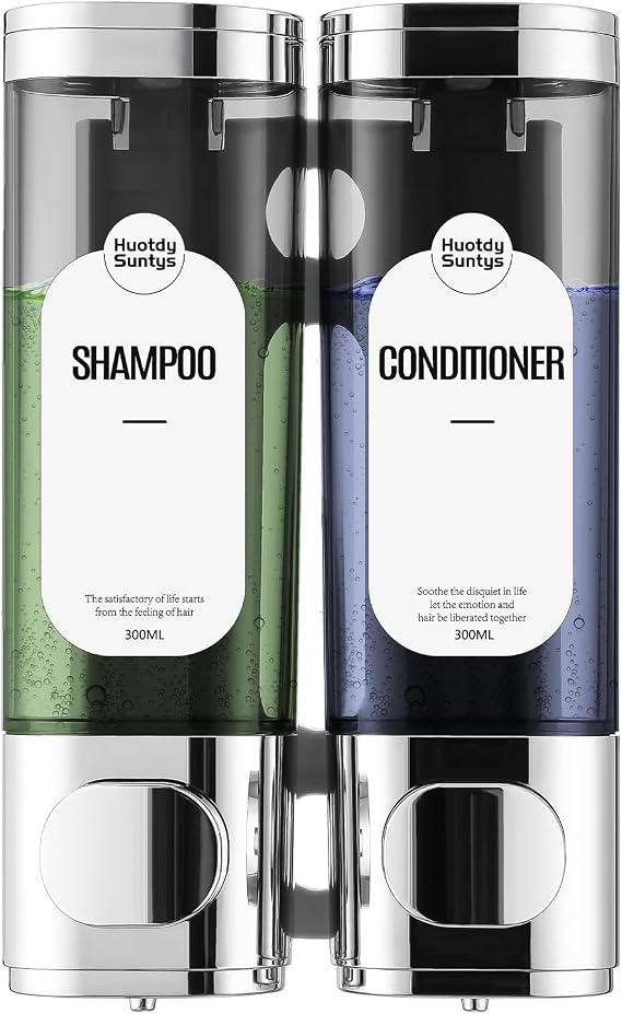 2-Chamber Shampoo and Conditioner Dispenser Shower Soap Dispenser 2 Chamber No Drill,Shower Soap Dispenser Wall Mounted,HUOTDY SUNTYS Body Wash Dispenser Set for Bathroom Toilet Hotel Kitchen(Chrome)