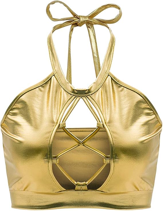 Women's Metallic Keyhole Cutout Backless Halter Rave Dance Crop Tube Top Bra