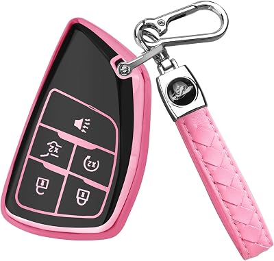 QBUC for Chevy Key Fob Cover,Soft Key Shell Case with Keychain for GMC 2021-2025 Yukon Tahoe Suburban Silverado Sierra 1500 2500HD 3500HD Car Accessories5 Buttons,Pink