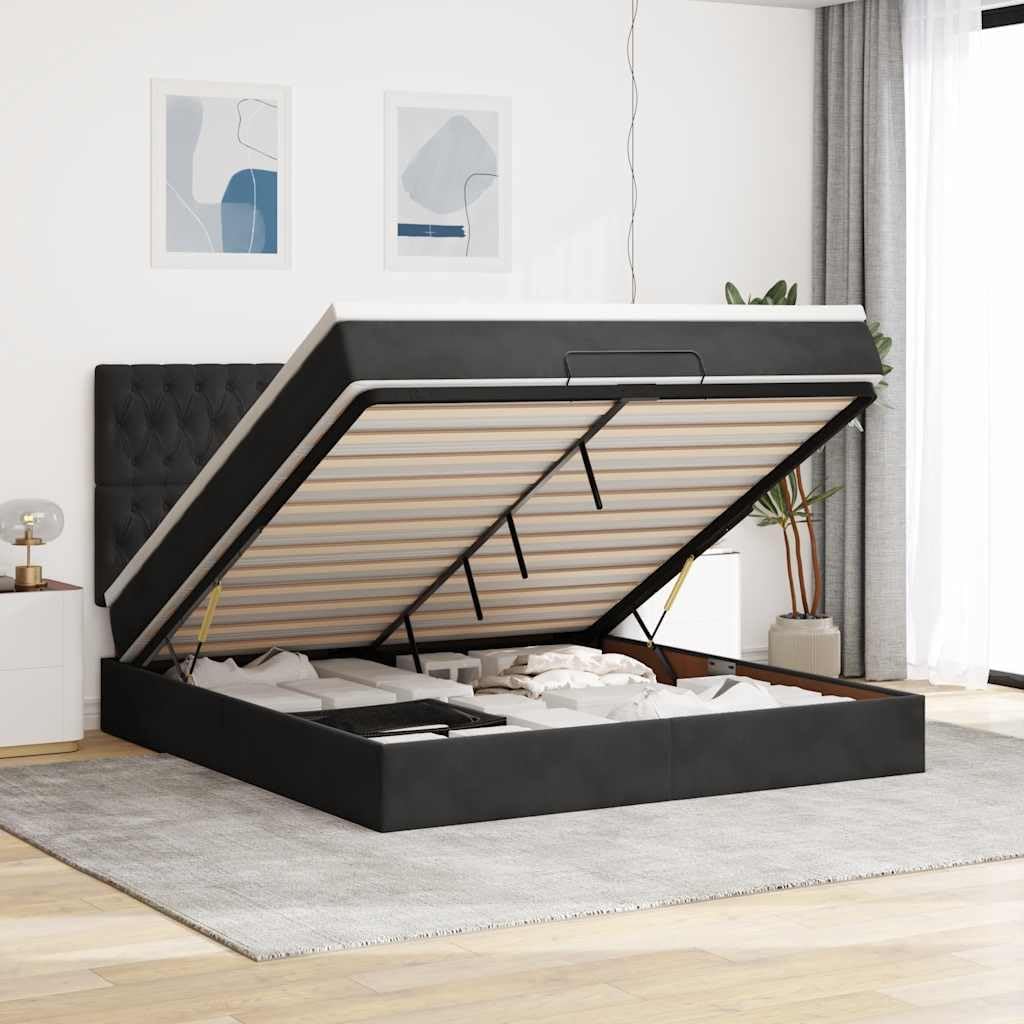 Ottoman Bed with Mattresses, Slatted Frame, Headboard & LEDs, Black, 180 x 200 cm, Velvet, Large Storage Space, Pocket Spring Mattress, Bedroom