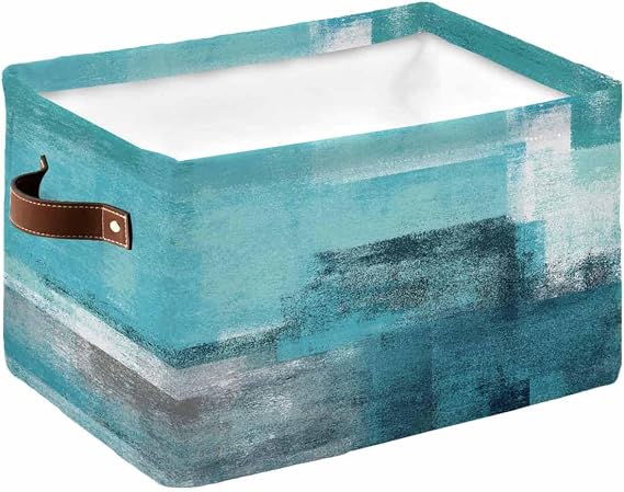 Abstract Storage Basket Turquoise Painting Large Foldable Storage Bins with Handles Modern Art Teal Gray Waterproof Fabric Laundry Baskets for Organizing Shelves Closet Toy Gifts Bedroom Home Decor