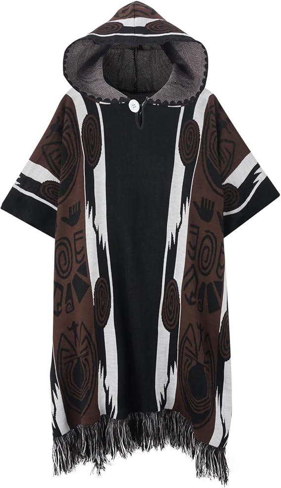 Mexican Knit Poncho Sarape Western Vintage Hippie Shawl With Hood Blanket Sleeveless Cloak Outfit