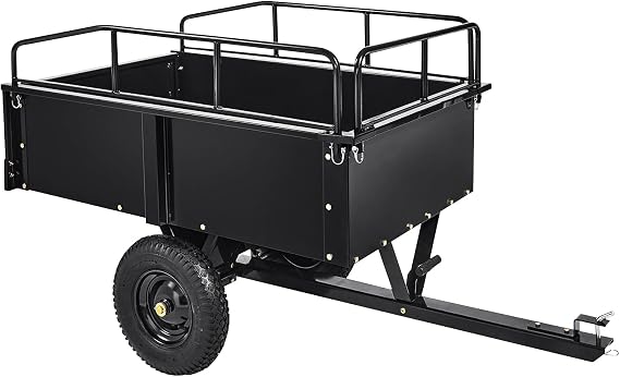 Garden Dump Carts, Heavy Duty Yard Cart, 900-Pound Capacity, Steel Yard Trailer, Utility Trailer, Hand Pull or Foot Pedal Dump Cart for ATV, UTV, Lawn Mowers and Tractors, Black