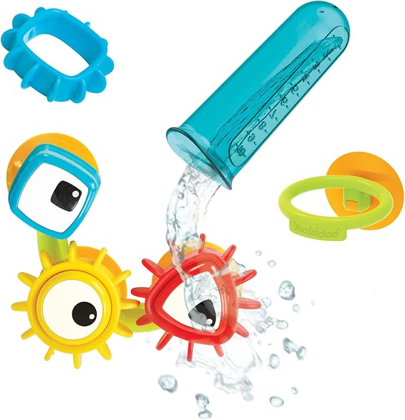 Yookidoo Baby Bath Toy - Spin 'N' Sort Water Gear - Childrens Sensory Water Wheel Set that Attaches to Any Size Tub - Includes Suction Cups, 3 Googly Eye Gears, and Pourers