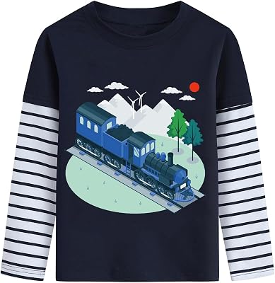 DDSOL Toddler Boy Long Sleeve Shirt Ball Dino Train Planet Excavator Stripe Long Sleeve Tops for Kids 2-7 Years