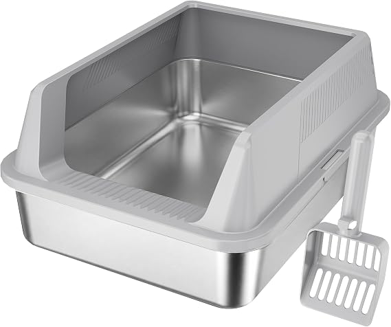 Lifewit Stainless Steel Cat Litter Box for Kitty, 17.7" 13.8" 8.3", Gray | Kitten Friendly Small Metal Litter Tray, Easy to Clean, with Scoop, Non-Slip Pads, Anti-Leakage Top Entry and High Sided