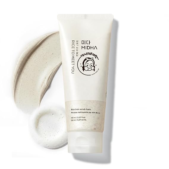 MIDHA Rice Bran Scrub Foam Cleanser, Texture Refining & Pore Clarifying Face Wash for Smooth, Glowing Skin, Gentle Daily Exfoliation, Korean Skincare, 5.07 fl oz