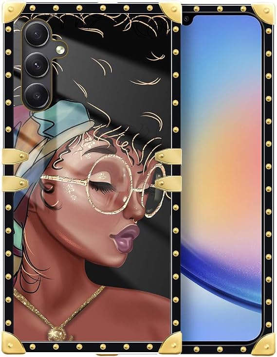 DAIZAG Compatible with Samsung Galaxy A34 5G Case,Black Girl with Glasses Gold Decoration Soft TPU Protective Cover Anti-Scratch