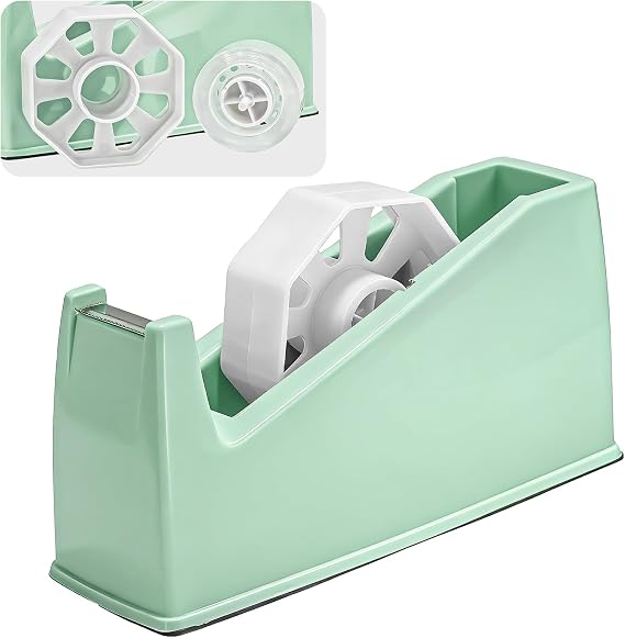 Weighted Desktop Tape Dispenser with 1-Inch & 3-Inch Dual-Core Design, Non-Slip Base & Sharp Metal Blade, Heavy Duty Tape Holder for Office, Home, School & Business – Green