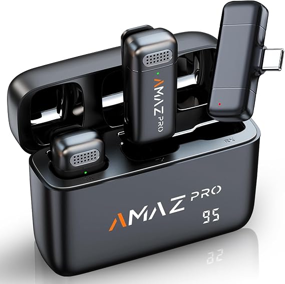 Amazpro Wireless Lavalier Microphone for iPhone 15,Android Phone,Laptop,2 Pack Mini Microphone with Charging Case,Professional Noise Reduction,for Video Vlog,Youtuber,TikTok,Instagram,Interview,USB-C