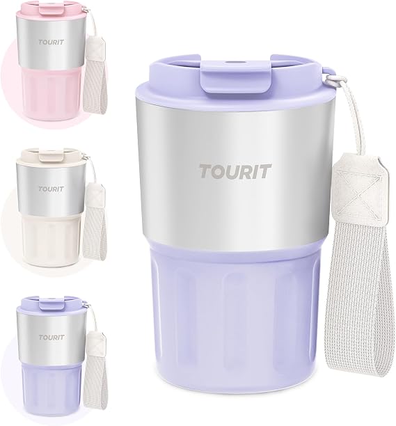 TOURIT 16 oz Travel Coffee Mug Spill-Proof, Insulated Stainless Steel Coffee Mug with Lid & Silicone Sea, Double Wall Vacuum Travel Coffee Tumblers, Cup Holder Friendly Reusable Thermos-Lilac