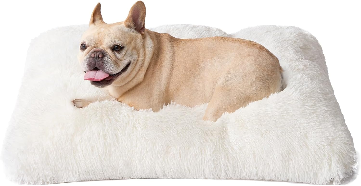 EHEYCIGA Fluffy Dog Crate Bed for Medium Dogs, Plush Faux Fur Crate Pad, Calming Anti Anxiety Medium Dog Bed, Washable Soft Warm Mat with Non-Slip Bottom, Beige