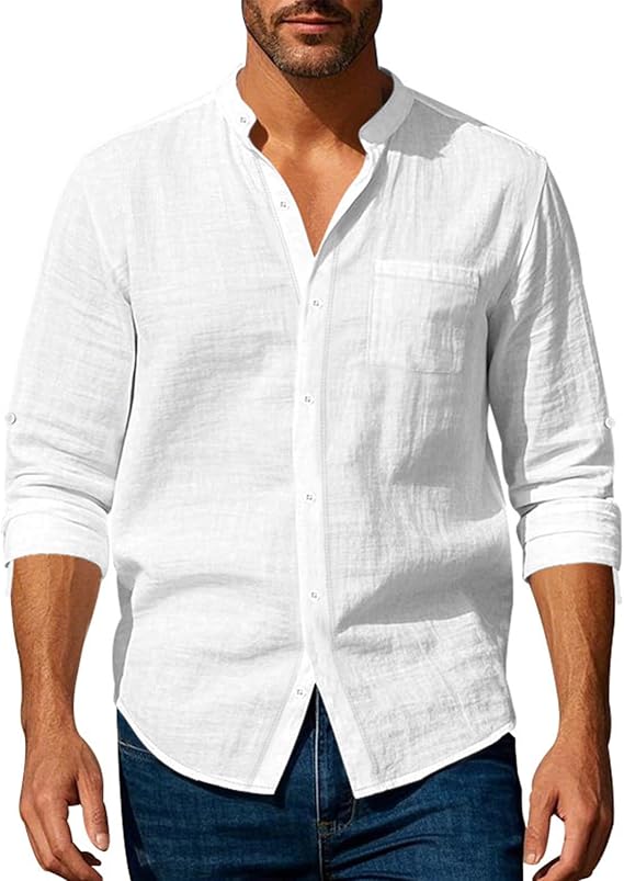 Volemo Mens Linen Shirts Long Sleeve Grandad Shirt | Adjustable Cuffs, Band Collar, Chest Pocket, Button Closure, Relaxed Fit, Lightweight Breathable, Beach Holiday Daily Casual