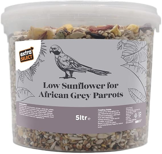 Extra Select Low Sunflower Blend African Grey Parrot Food: 24 Ingredient Parrot Seed mix for Health & Vitality - 5 Litre Tub