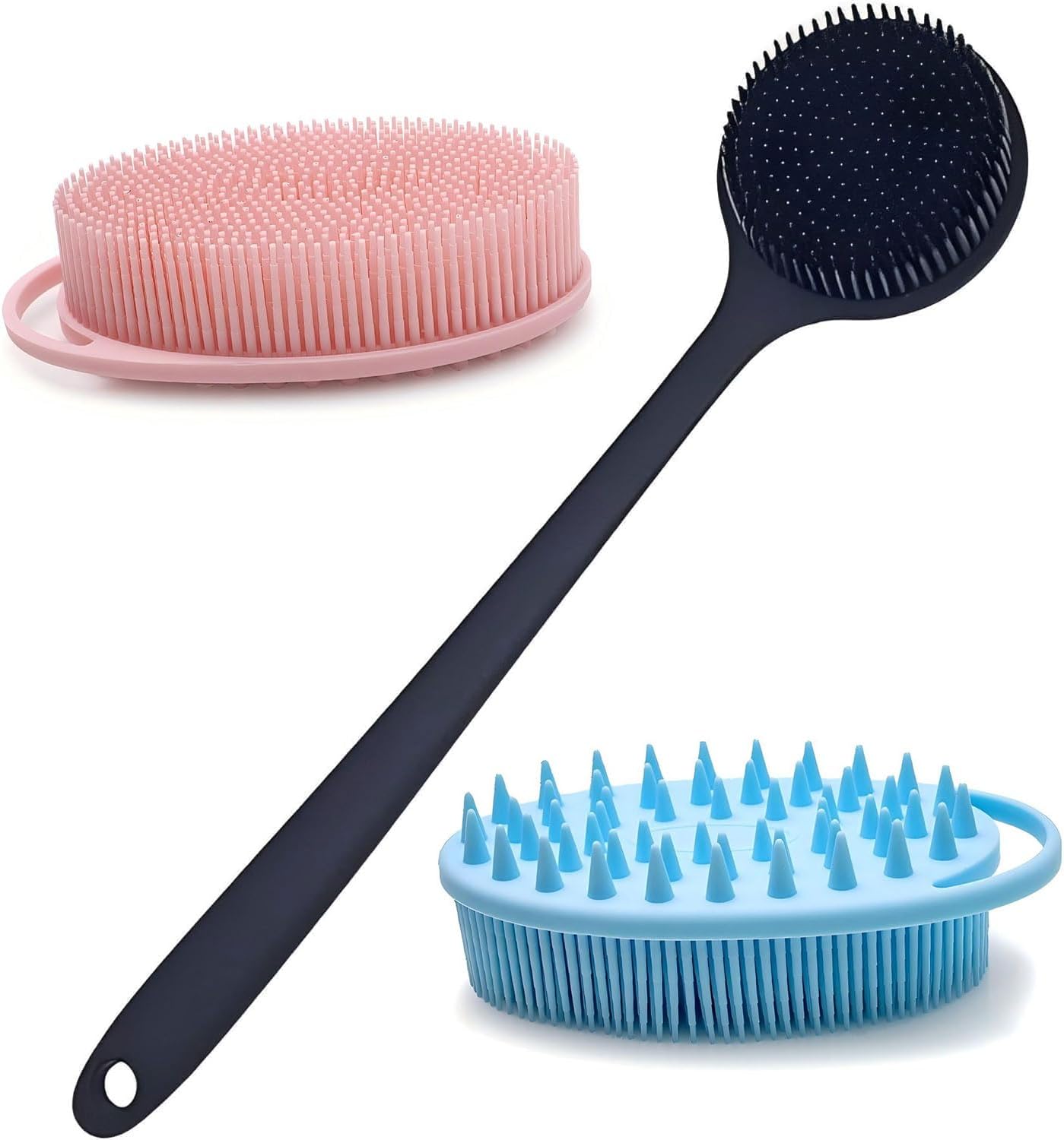 3-Piece Set of Silicone Shower Brush and Back Shower Brush, Silicone Shower Back Washer, Mens Silicones Facial Cleaner