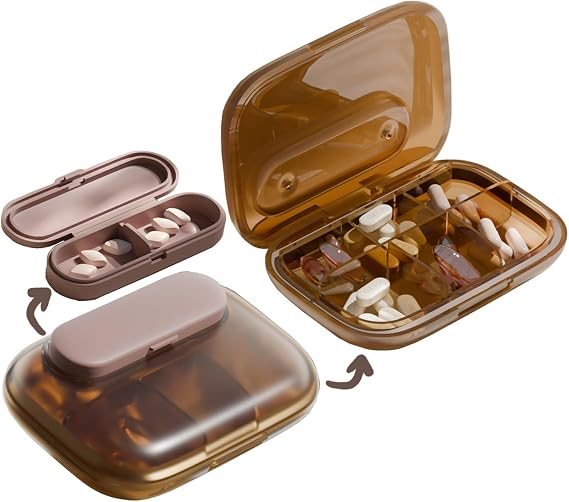 MURRI&MURRDI Travel Pill Organizer, 6 Compartments Small Pill Container, Daily Pill Box to Hold Vitamins, Portable Pill Case for Pocket Purse Medicine Organizer Detachable (G Coffee)