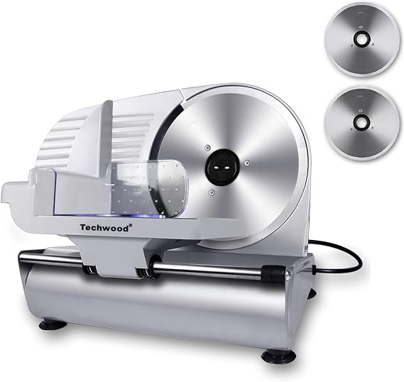 Techwood Electric Meat Slicer, 200W Electric Deli Food Slicer with 9 Removable Stainless Steel Blade & Adjustable Thickness Dial, for Home Use, Ideal for Meat Jerky, Hard Cheese, Vegetables & Bread