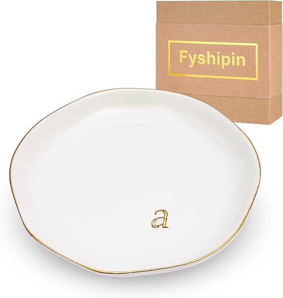 Ceramic Jewelry Tray,Decorative Trinket Dish for Room Decor,Birthday Valentine's Day Mother's Day Graduation Christmas Personalized Gift for Women, 4.75", Gold Rim,Engraved Initial a