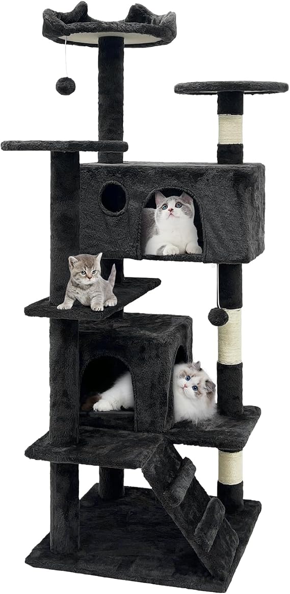 GRANDMA SHARK Cat Tree Tower 49 x 49 x 138.5 cm, Cat Condos with Sisal Scratching Posts Cat Play House and Rest Place, Black