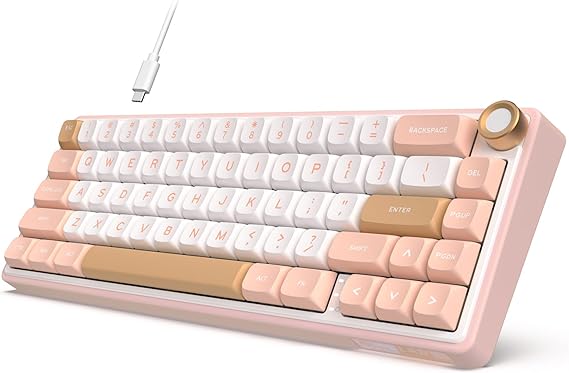 RK ROYAL KLUDGE R65 Wired Mechanical Keyboard with Knob, 60% Percent QMK/VIA US Layout RGB Backlit Gasket Mount Gaming Keyboard with PBT Keycaps, MDA Profile, 66 Keys Hot Swappable Cream Switch, Pink